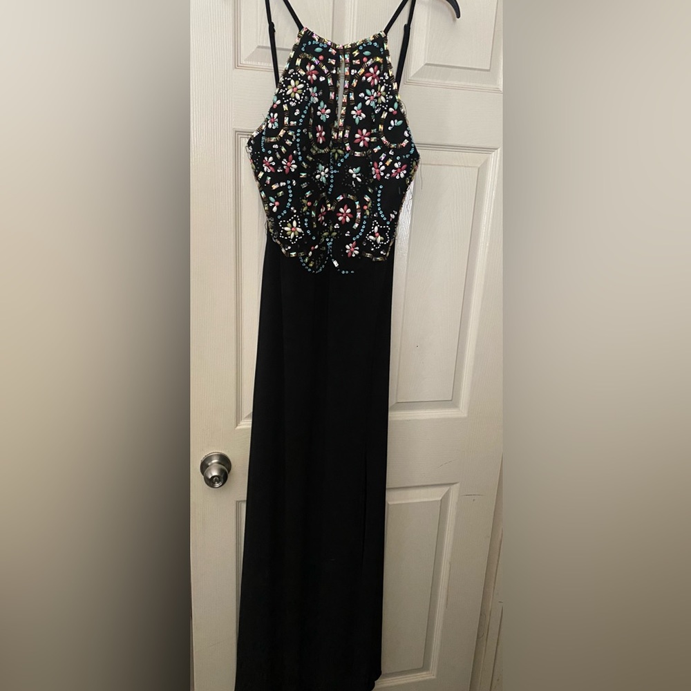 Event gown, halter top jeweled, black with slit Size 13 Juniors